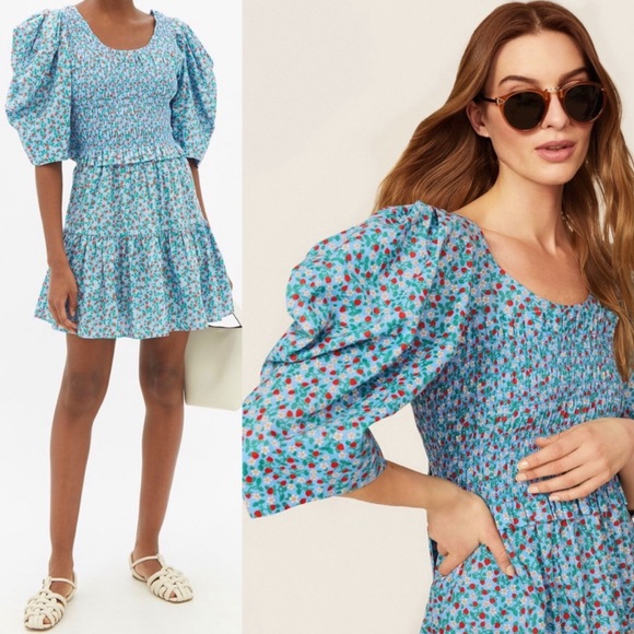 (Sold) SEA Liberty Strawberry Floral Puff Sleeve Smocked Tie Back Tiered Ruffle - Picture 7 of 13